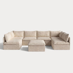 Modular Outdoor Washable 6-Seater Open-Ends U-Sectional + Ottoman | Alfresco Boucle in Cashew
