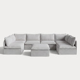 Modular Outdoor Washable 6-Seater Open-Ends U-Sectional + Ottoman | Nano Slubweave in Mist