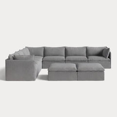 Modular Outdoor Washable 7-Seater Corner Sectional + Bench Ottoman | Classic Canvas in Stone Gray