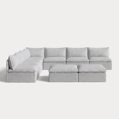 Modular Outdoor Washable 7-Seater Open-Ends Corner Sectional + Bench Ottoman | Nano Slubweave in Mist