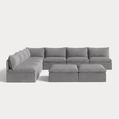 Modular Outdoor Washable 7-Seater Open-Ends Corner Sectional + Bench Ottoman | Classic Canvas in Stone Gray