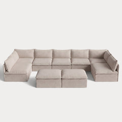 Modular Outdoor Washable 7-Seater Open-Ends U-Sectional + Bench Ottoman | Classic Canvas in Sand
