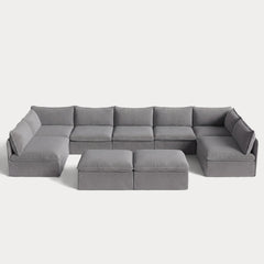 Modular Outdoor Washable 7-Seater Open-Ends U-Sectional + Bench Ottoman | Classic Canvas in Stone Gray