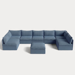 Modular Outdoor Washable 7-Seater Open-Ends U-Sectional + Ottoman | Classic Canvas in Ocean