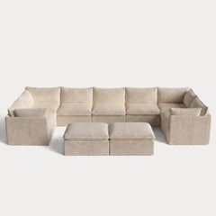Modular Outdoor Washable 7-Seater U-Sectional + Bench Ottoman | Alfresco Boucle in Cashew