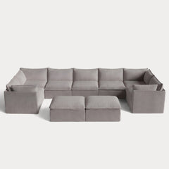 Modular Outdoor Washable 7-Seater U-Sectional + Bench Ottoman | Nano Slubweave in Haze Gray