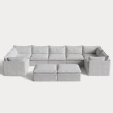 Modular Outdoor Washable 7-Seater U-Sectional + Bench Ottoman | Nano Slubweave in Mist