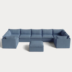 Modular Outdoor Washable 7-Seater U-Sectional + Ottoman | Classic Canvas in Ocean