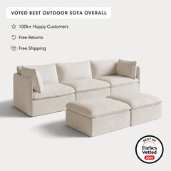 Modular Outdoor Washable 3-Seater + Bench Ottoman | Nano Slubweave in Chai
