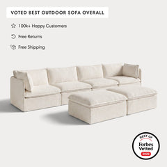 Modular Outdoor Washable 4-Seater + Bench Ottoman | Alfresco Boucle in Creme