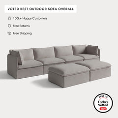 Modular Outdoor Washable 4-Seater + Bench Ottoman | Nano Slubweave in Haze Gray