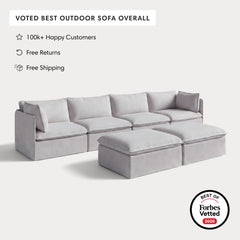 Modular Outdoor Washable 4-Seater + Bench Ottoman | Nano Slubweave in Mist