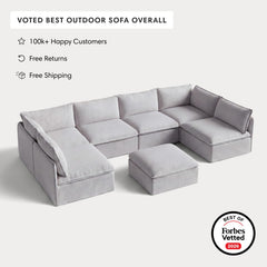 Modular Outdoor Washable 6-Seater Open-Ends U-Sectional + Ottoman | Nano Slubweave in Mist