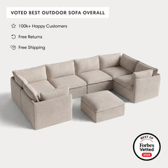 Modular Outdoor Washable 6-Seater U-Sectional + Ottoman | Classic Canvas in Sand