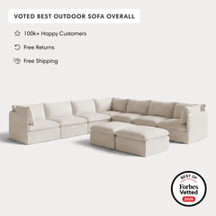 Modular Outdoor Washable 7-Seater Corner Sectional + Bench Ottoman | Nano Slubweave in Chai