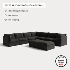Modular Outdoor Washable 7-Seater Corner Sectional + Bench Ottoman | Classic Canvas in Charcoal