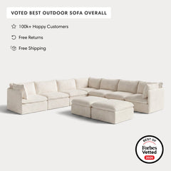Modular Outdoor Washable 7-Seater Corner Sectional + Bench Ottoman | Alfresco Boucle in Creme