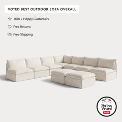 Modular Outdoor Washable 7-Seater Open-Ends Corner Sectional + Bench Ottoman | Alfresco Boucle in Creme