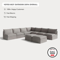 Modular Outdoor Washable 7-Seater Open-Ends Corner Sectional + Bench Ottoman | Nano Slubweave in Haze Gray