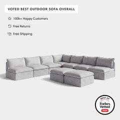 Modular Outdoor Washable 7-Seater Open-Ends Corner Sectional + Bench Ottoman | Nano Slubweave in Mist