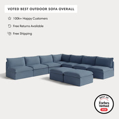 Modular Outdoor Washable 7-Seater Open-Ends Corner Sectional + Bench Ottoman | Classic Canvas in Ocean