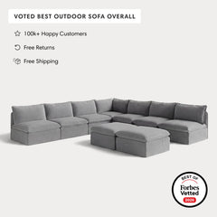 Modular Outdoor Washable 7-Seater Open-Ends Corner Sectional + Bench Ottoman | Classic Canvas in Stone Gray