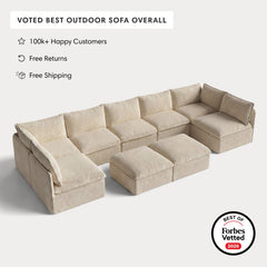 Modular Outdoor Washable 7-Seater Open-Ends U-Sectional + Bench Ottoman | Alfresco Boucle in Cashew