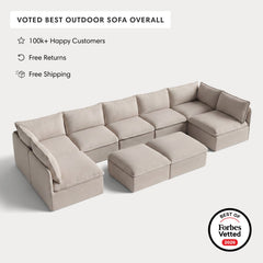 Modular Outdoor Washable 7-Seater Open-Ends U-Sectional + Bench Ottoman | Classic Canvas in Sand