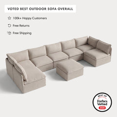 Modular Outdoor Washable 7-Seater Open-Ends U-Sectional + Ottoman | Classic Canvas in Sand