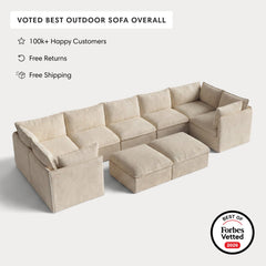 Modular Outdoor Washable 7-Seater U-Sectional + Bench Ottoman | Alfresco Boucle in Cashew