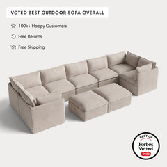 Modular Outdoor Washable 7-Seater U-Sectional + Bench Ottoman | Classic Canvas in Sand