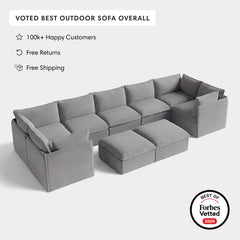 Modular Outdoor Washable 7-Seater U-Sectional + Bench Ottoman | Classic Canvas in Stone Gray
