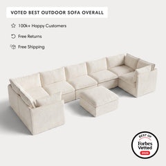 Modular Outdoor Washable 7-Seater U-Sectional + Ottoman | Alfresco Boucle in Creme