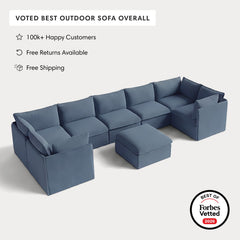 Modular Outdoor Washable 7-Seater U-Sectional + Ottoman | Classic Canvas in Ocean