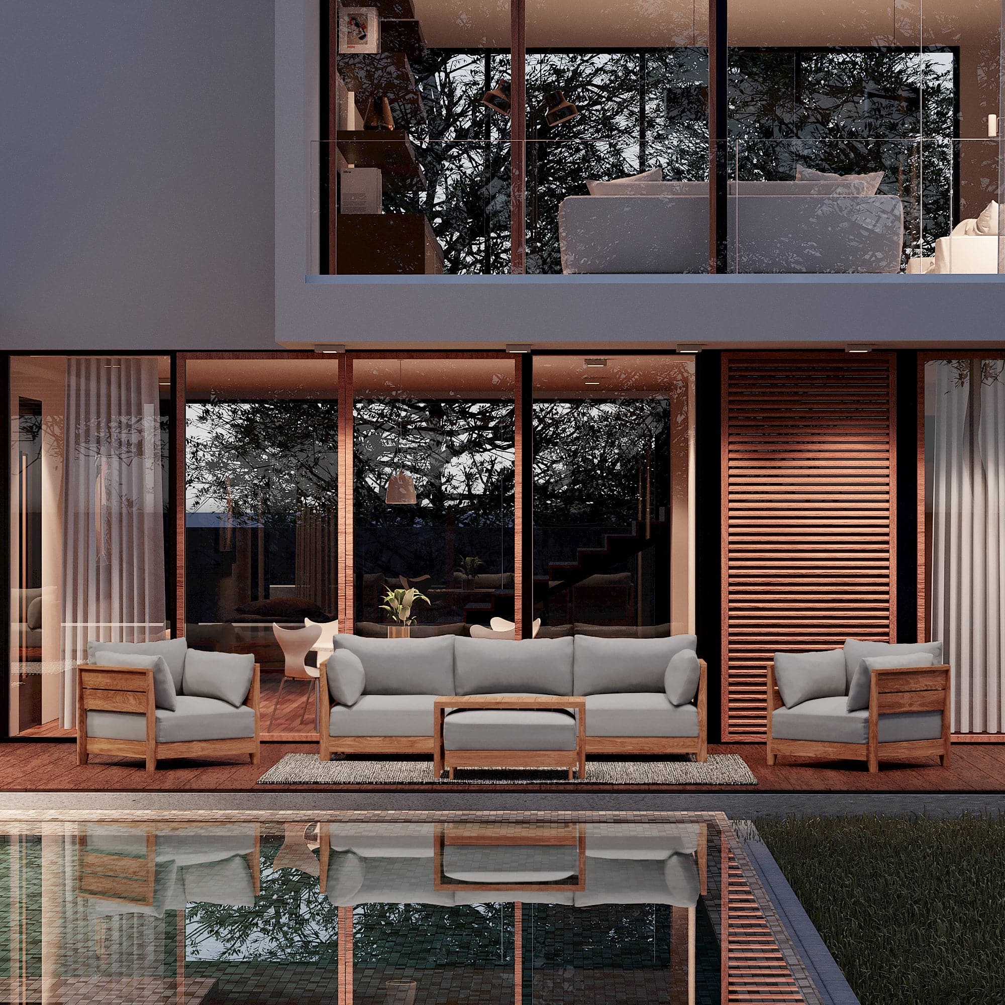 Dwell™ Modular Teak Outdoor Loveseat + Armchair Set | Classic Canvas in Stone Gray