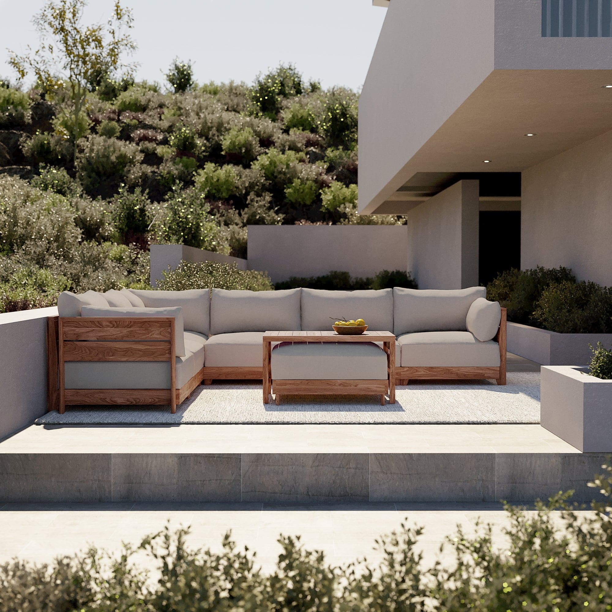Dwell™ Modular Teak Outdoor Sofa with Ottoman + Side Table  | Classic Canvas in Sand
