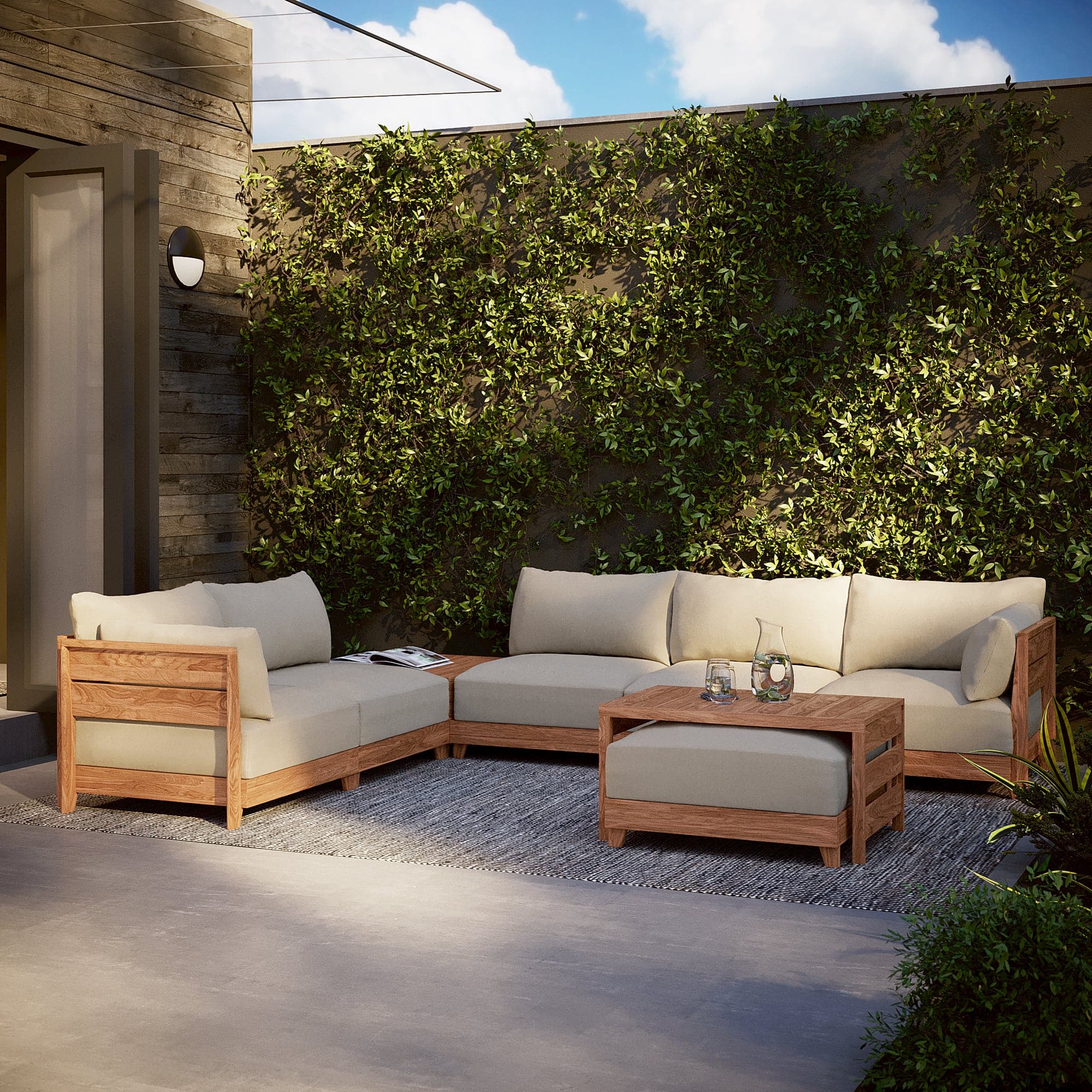 Dwell™ Modular Teak Outdoor Sofa with Ottoman + Side Table  | Classic Canvas in Sand