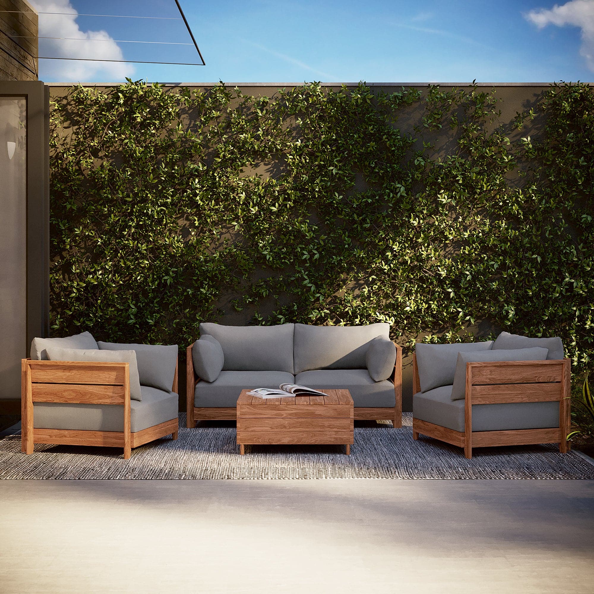 Dwell™ Modular Teak Outdoor Loveseat + Armchair Set | Classic Canvas in Stone Gray