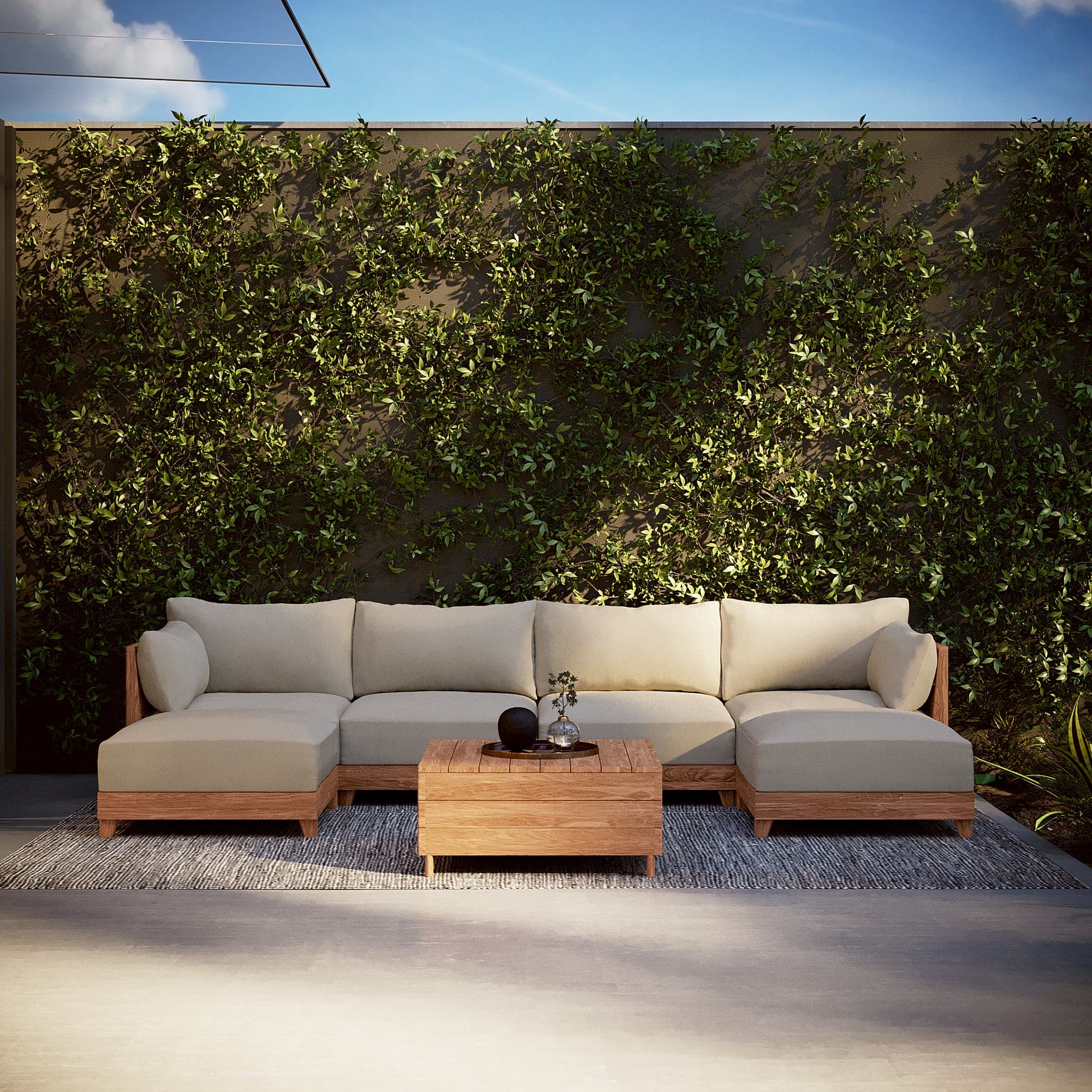 Dwell™ Modular Teak Outdoor 6-Seater U-Sectional + Storage Coffee Tables | Classic Canvas in Sand