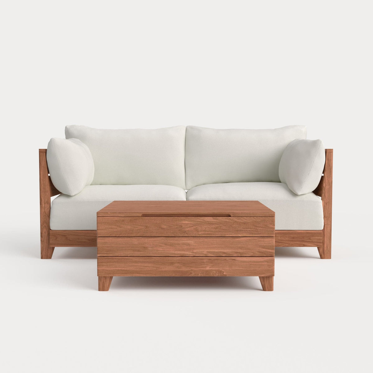 Dwell™ Modular Teak Outdoor Loveseat  + Storage Coffee Table | Classic Canvas in Cloud