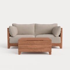 Dwell™ Modular Teak Outdoor Loveseat  + Storage Coffee Table | Classic Canvas in Sand