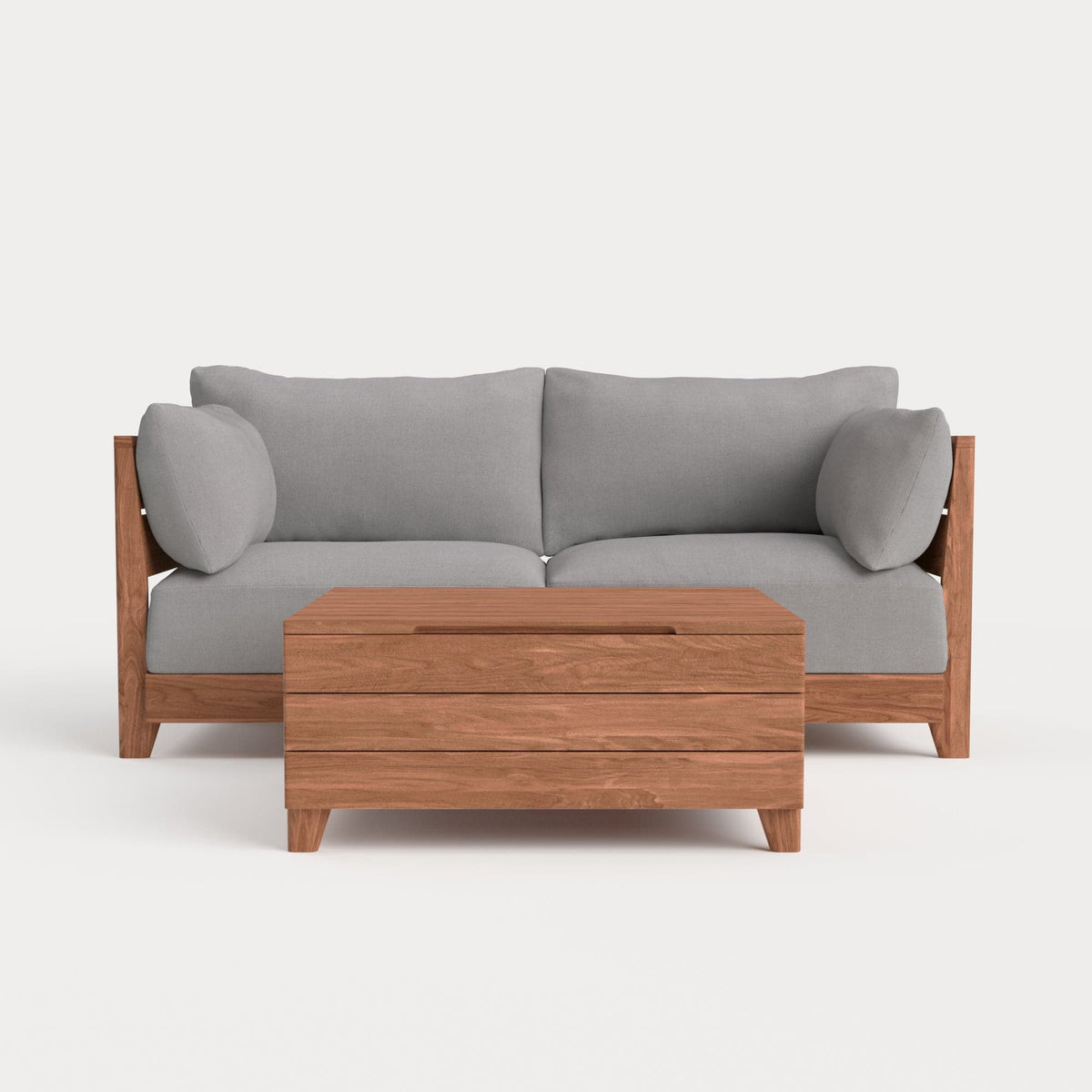 Dwell™ Modular Teak Outdoor Loveseat  + Storage Coffee Table | Classic Canvas in Stone Gray
