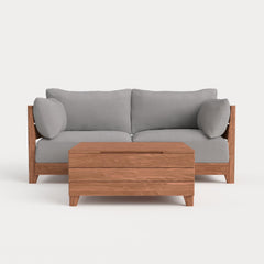 Dwell™ Modular Teak Outdoor Loveseat  + Storage Coffee Table | Classic Canvas in Stone Gray