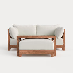 Dwell™ Modular Teak Outdoor Loveseat with Ottoman + Side Table | Classic Canvas in Cloud