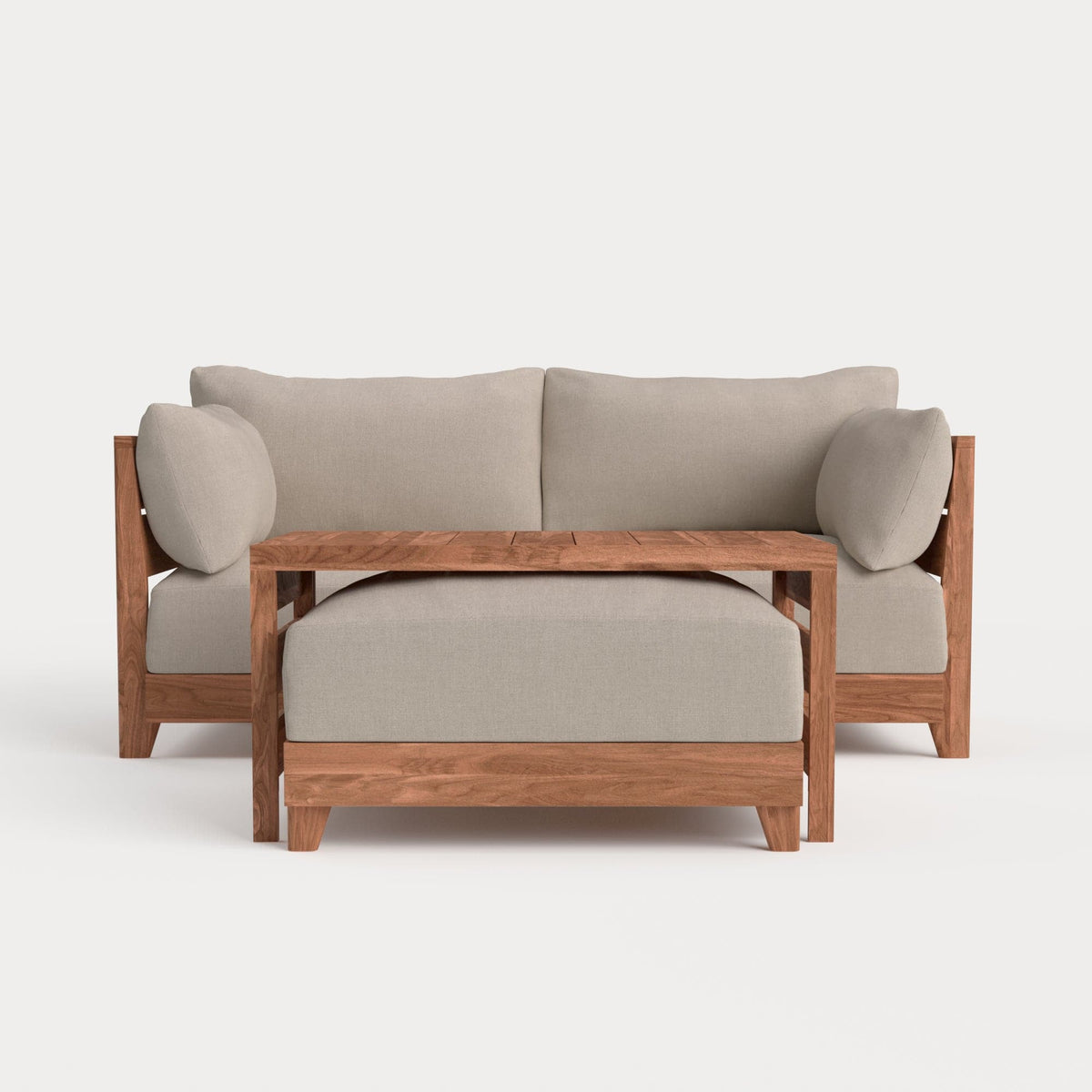 Dwell™ Modular Teak Outdoor Loveseat with Ottoman + Side Table | Classic Canvas in Sand