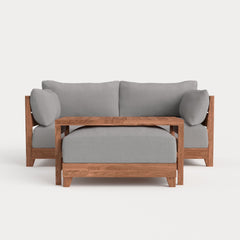 Dwell™ Modular Teak Outdoor Loveseat with Ottoman + Side Table | Classic Canvas in Stone Gray