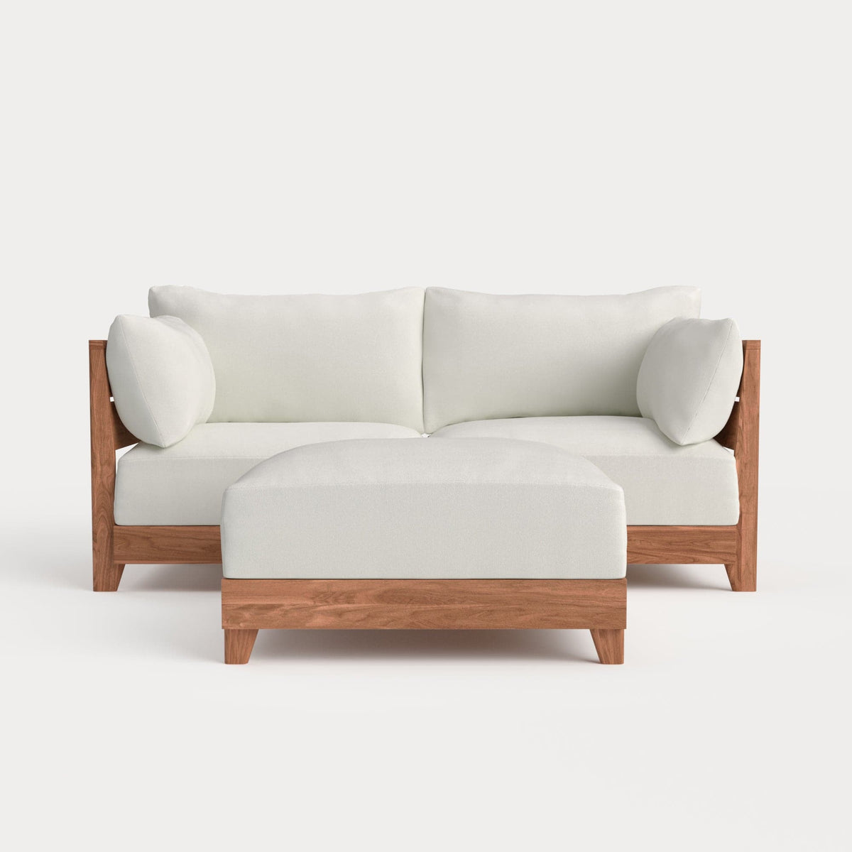 Dwell™ Modular Teak Outdoor Loveseat + Ottoman | Classic Canvas in Cloud