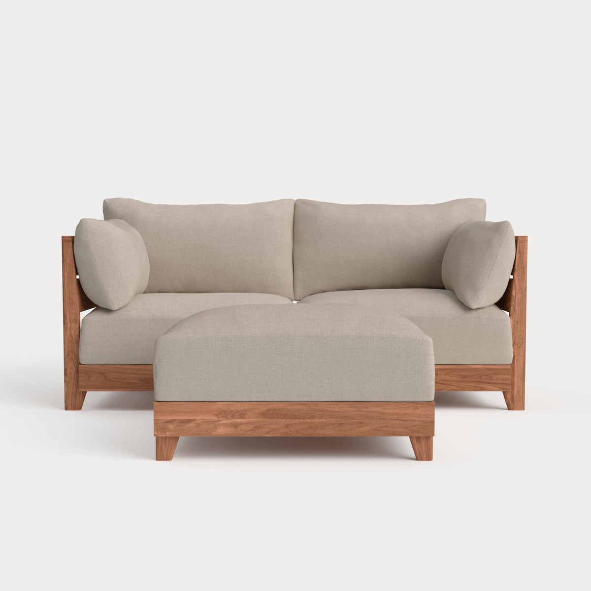 Dwell™ Modular Teak Outdoor Loveseat + Ottoman | Classic Canvas in Sand