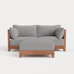 Dwell™ Modular Teak Outdoor Loveseat + Ottoman | Classic Canvas in Stone Gray
