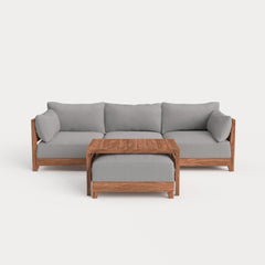 Dwell™ Modular Teak Outdoor Sofa with Ottoman + Side Table  | Classic Canvas in Stone Gray